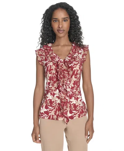 Tommy Hilfiger Women's Ruffled Floral Mixed-media Top In Multi