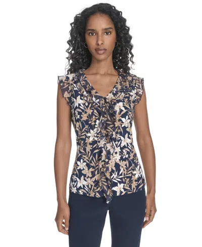Tommy Hilfiger Women's Ruffled Floral Mixed-media Top In Black