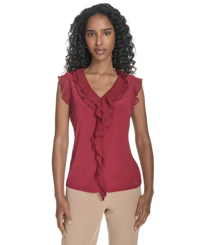 Tommy Hilfiger Women's Ruffled Mixed-media Top In Brown