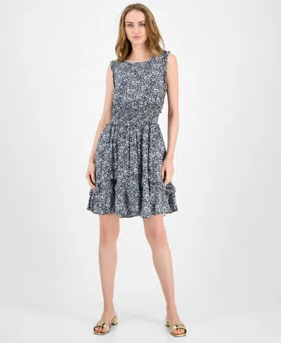 Tommy Hilfiger Women's Ruffled Smocked-waist Floral Dress In Gray