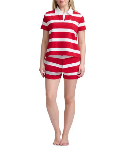 Tommy Hilfiger Women's Rugby Short-sleeve Polo Top And Boxer Shorts, 2pc Set In Pink