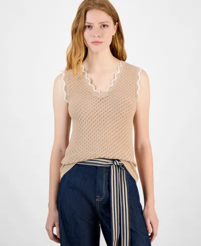 Tommy Hilfiger Women's Scalloped-edge Pointelle Sweater In Sand