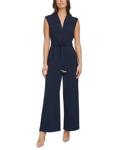 Tommy Hilfiger Women's Scuba-crepe Tie-waist Wide-leg Jumpsuit In Navy