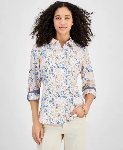 Tommy Hilfiger Women's Sea Garden Cotton Roll-tab-sleeve Shirt In Brght Wht