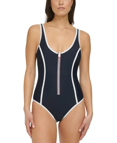 Tommy Hilfiger Women's Seamed One-piece Zip-up Swimsuit In Sky Captain