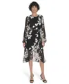 Tommy Hilfiger Floral Long Sleeve Ruffle Mixed Media Midi Dress In Multi