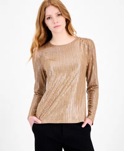 Tommy Hilfiger Women's Shine Ribbed Knit Long-sleeve Top In Brown