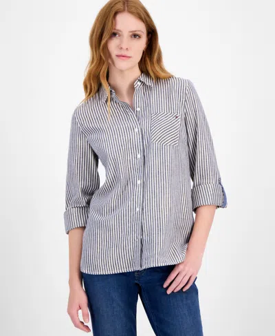 Tommy Hilfiger Women's Shine-stripe Roll-tab Shirt In Multi