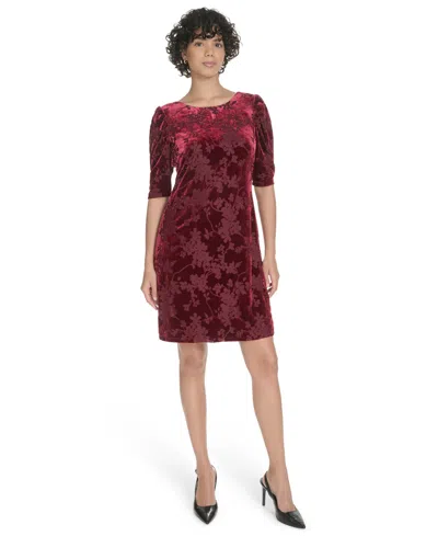 Tommy Hilfiger Women's Short Ruched Sleeve Velvet Dress In Red