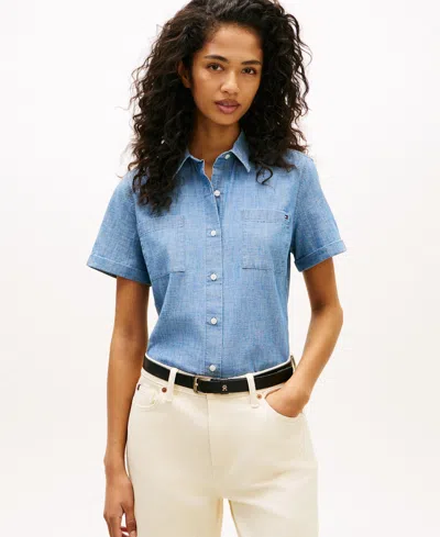 Tommy Hilfiger Women's Short-sleeve Chambray Shirt In Blue