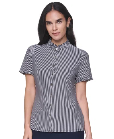 Tommy Hilfiger Women's Short-sleeve Striped Ruffle Blouse In Midnight,ivory