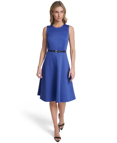 Tommy Hilfiger Women's Sleeveless Belted Midi Fit And Flare Dress In Blue