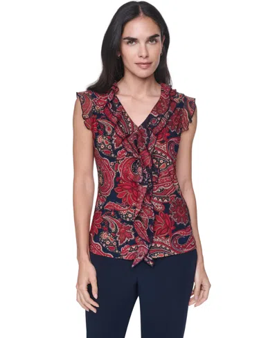 Tommy Hilfiger Women's Sleeveless Paisley V-neck Ruffle Top In Blue