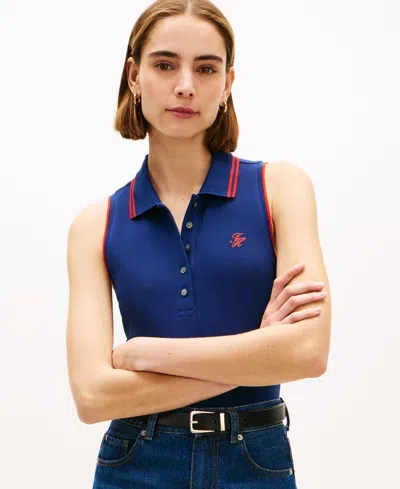 Tommy Hilfiger Women's Sleeveless Script Polo T-shirt In Blue