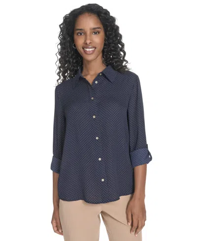 Tommy Hilfiger Women's Slim-fit Pin-dot Roll-tab-sleeve Shirt In Blue