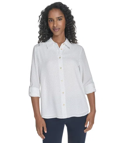 Tommy Hilfiger Women's Slim-fit Pin-dot Roll-tab-sleeve Shirt In White