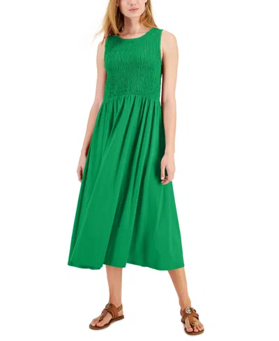 Tommy Hilfiger Women's Smocked-bodice Sleeveless Midi Dress In Fern Green