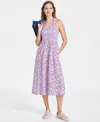 Tommy Hilfiger Womens Smocked Floral Print Cotton Midi Dress Denim Jacket In Brtwht,sca