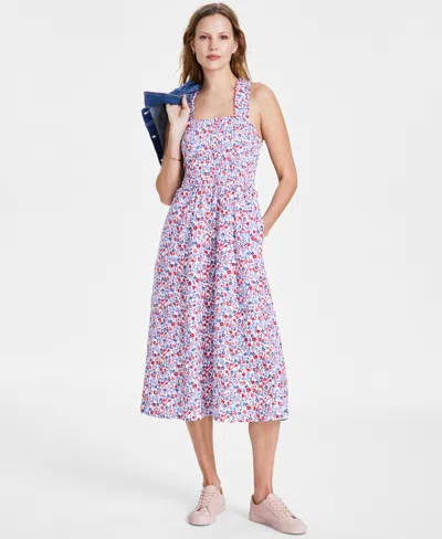Tommy Hilfiger Womens Smocked Floral Print Cotton Midi Dress Denim Jacket In Chespk Wash
