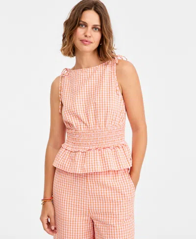 Tommy Hilfiger Women's Smocking Sleeveless Cotton Blouse In Pink