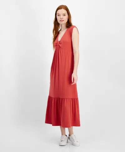 Tommy Hilfiger Women's Solid Tiered Sleeveless Midi Dress In Min Red