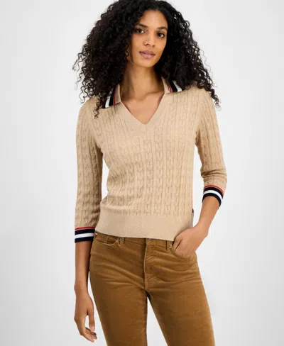 Tommy Hilfiger Women's Spread-collar Cotton Sweater In Brown