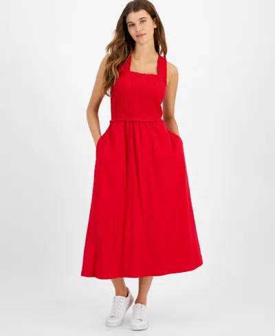 Tommy Hilfiger Women's Square-neck Cotton A-line Dress In Scarlet