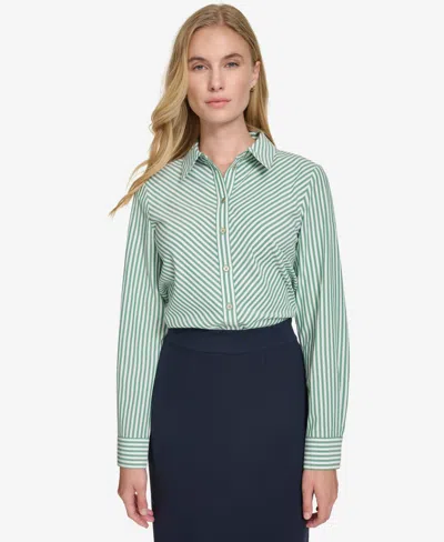 Tommy Hilfiger Women's Strip-print Button-front Shirt In Abdt Grn,i