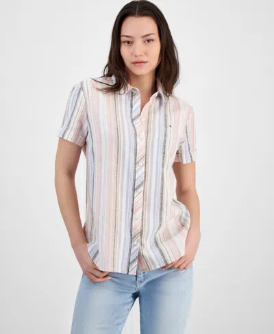Tommy Hilfiger Women's Stripe Short-sleeve Camp Shirt In Med Pink