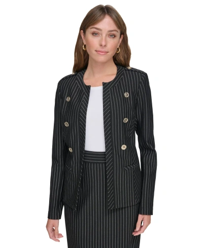 Tommy Hilfiger Women's Striped Band-collar Jacket In Black,ivory