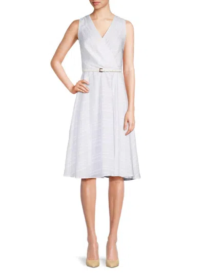 Tommy Hilfiger Women's Striped Belted A-line Midi Dress In Bright White