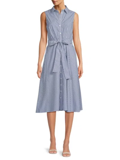 Tommy Hilfiger Women's Striped Belted Cotton Midi Shirtdress In Marina Blue Ivory