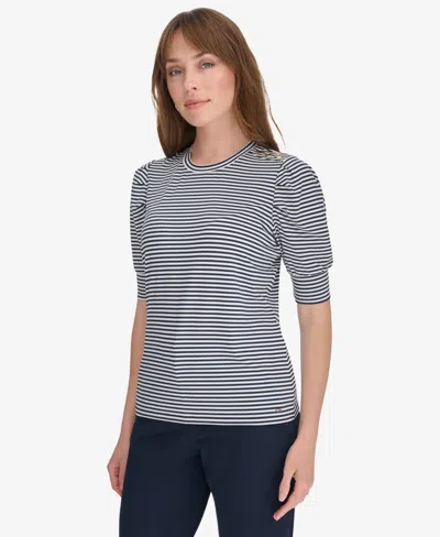 Tommy Hilfiger Women's Striped Blouse With Extended Puff Sleeves In Mdnght,ivr