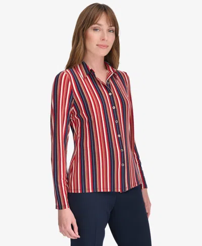 Tommy Hilfiger Women's Striped Button Down In Chili Mult