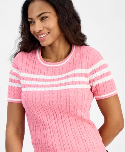Tommy Hilfiger Women's Striped Cable-knit Cotton Sweater In Peony,bright White