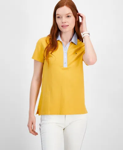 Tommy Hilfiger Womens Button Front Short Sleeve Polo Top In Deep Maize