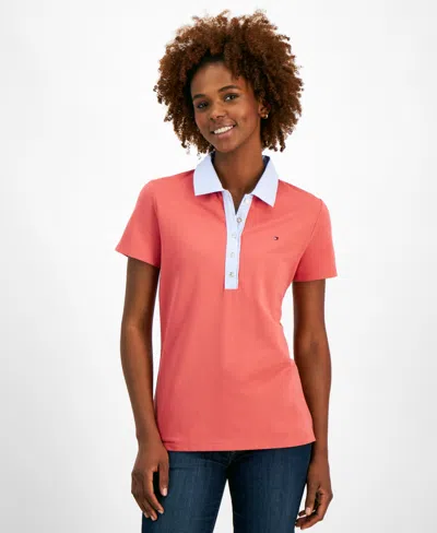Tommy Hilfiger Women's Striped-collar Polo Shirt In Min Red