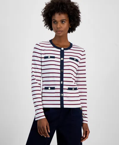 Tommy Hilfiger Women's Striped Contrast-trim Button Cardigan In Bright White Multi