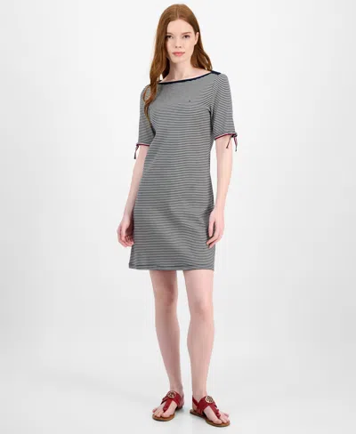 Tommy Hilfiger Women's Striped Cotton Boat-neck Tie-sleeve Dress