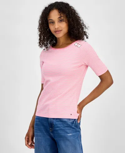Tommy Hilfiger Women's Striped Cotton Lace-up Top In Peony,bright White