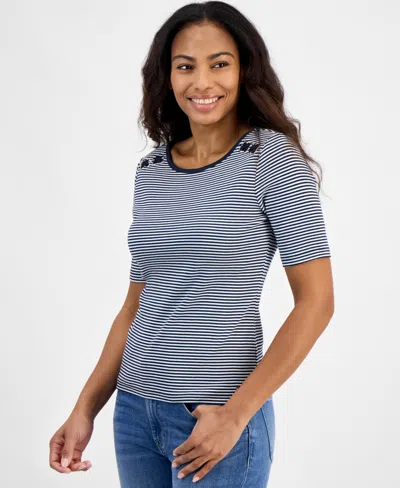 Tommy Hilfiger Women's Striped Cotton Lace-up Top In Sky Captain,bright White