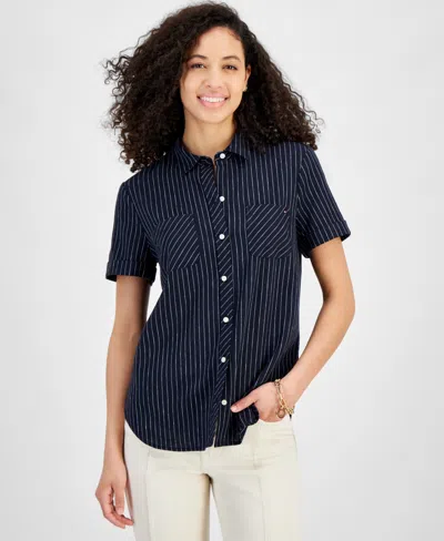 Tommy Hilfiger Women's Striped Linen-blend Short-sleeve Button-front Shirt In Sky Cap,br