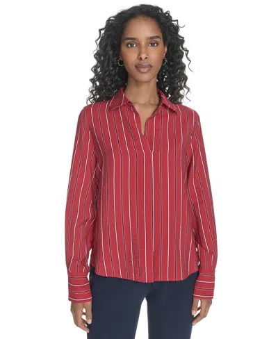 Tommy Hilfiger Women's Striped Long-sleeve Popover Top In Red