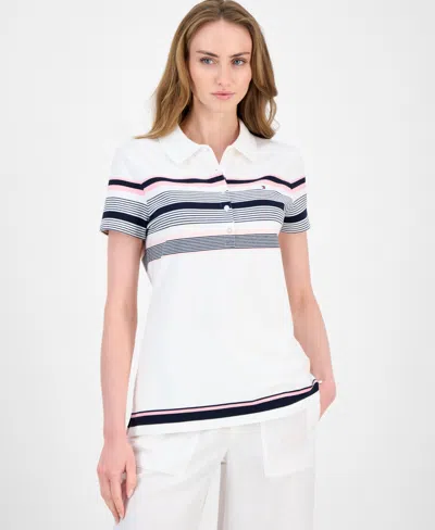 Tommy Hilfiger Women's Striped Pique Short-sleeve Polo Shirt In White