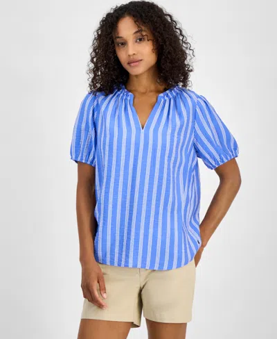 Tommy Hilfiger Women's Striped Popover Top In French Blue,bright White