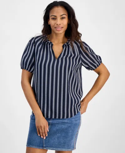 Tommy Hilfiger Women's Striped Popover Top In Sky Captain,bright White