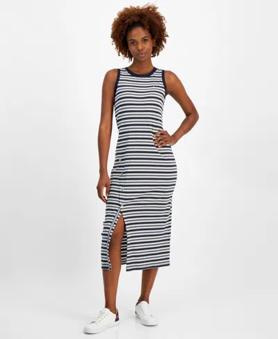 Tommy Hilfiger Women's Striped Ribbed Slit Midi Dress In Sky Cap,kh