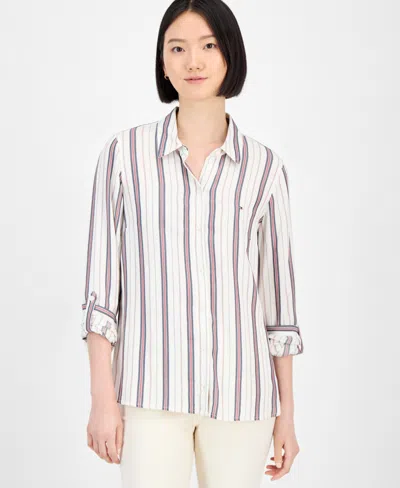 Tommy Hilfiger Women's Striped Roll-tab Shirt In Gray