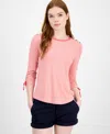 Tommy Hilfiger Women's Striped Ruched-sleeve Top In Pink