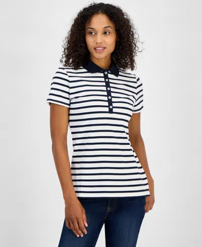 Tommy Hilfiger Women's Striped Short-sleeve Polo Shirt In Bright White,sky Captain